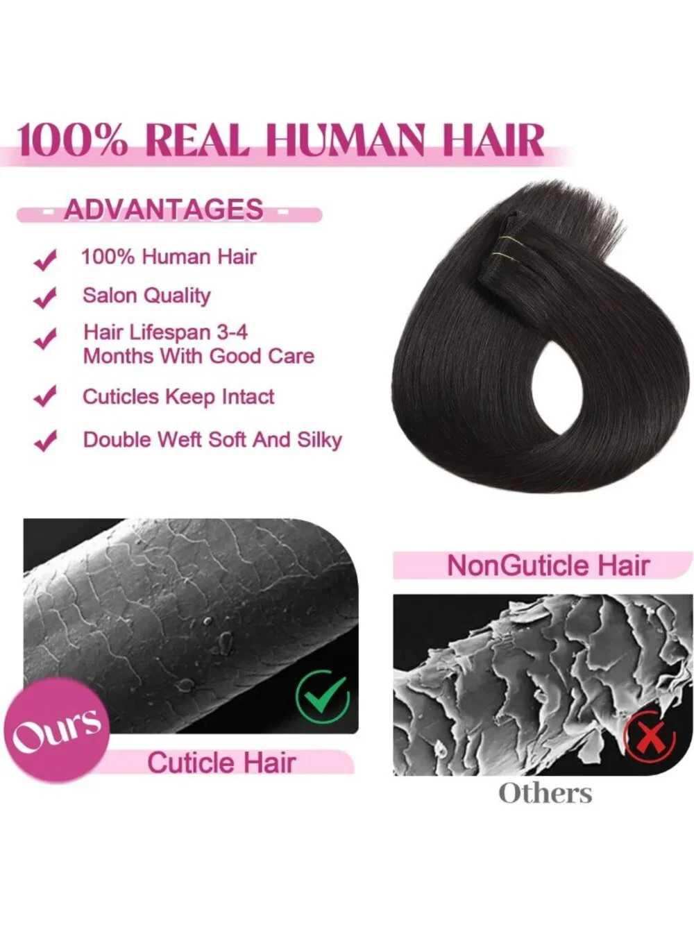 Seamless Clip-In Hair Extensions for Black Women, Real Remy Human Hair, 16